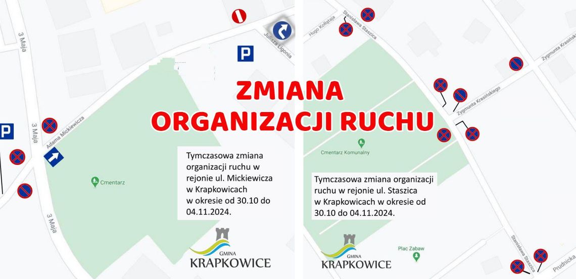 Zmiana organizacji ruchu przy krapkowickich nekropoliach w okresie Wszystkich Świętych